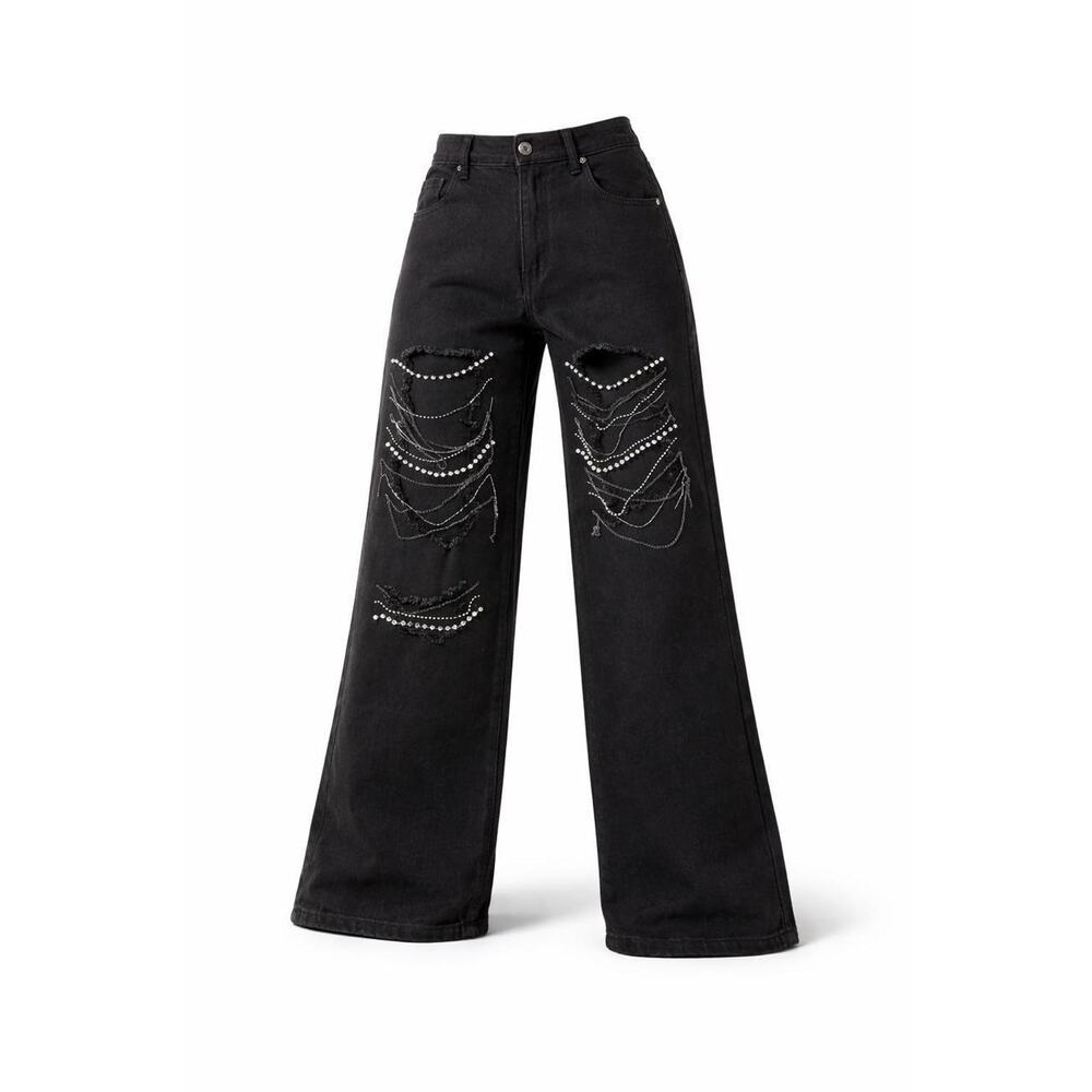 Y2K Grunge Glam Black Distressed Wide Leg Jean Chains Rhinestone Punk Streetwear